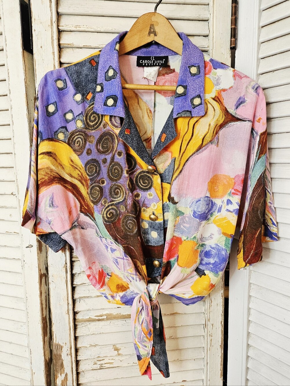 Vintage 80s Carole Little Petites Cropped Tie Front Blouse Colourful Print Med